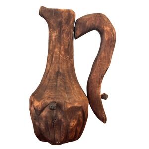 Vintage Primitive Hand Carved Wood Pitcher Rustic Decorative Jug Iron Nail